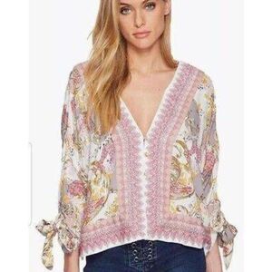 Free People XS Top Catch Me If You Can Blouse V Neck Oversized Tie Sleeves
